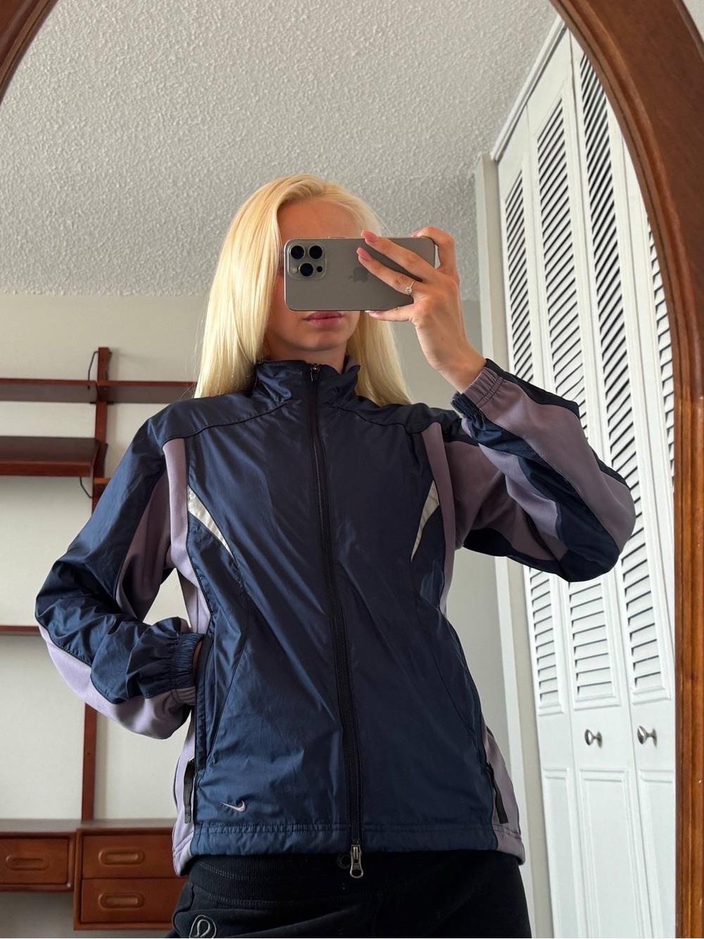 Vintage Nike Navy and Lavender Women's Zip-Front Track Jacket